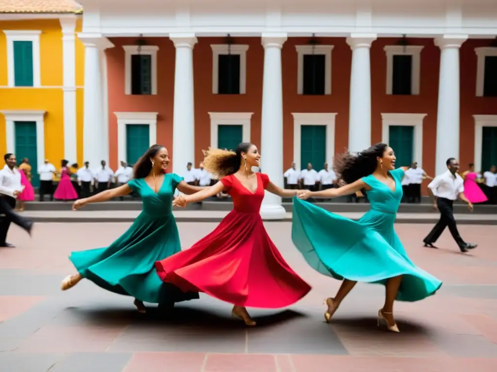 Grupo de bailarines con trajes coloridos y guayaberas bailando salsa en una plaza