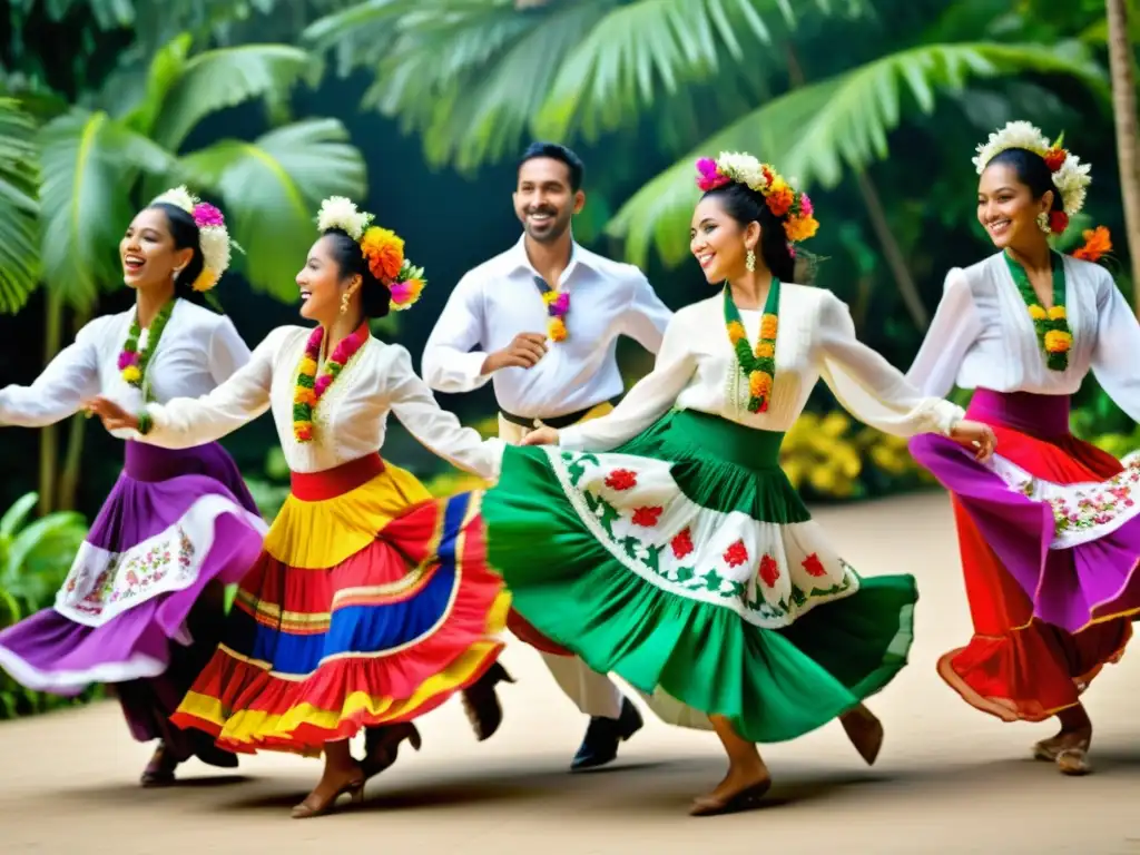 Grupo de bailarines con trajes coloridos y vibrantes, expresando la influencia de la música tropical en la moda latinoamericana