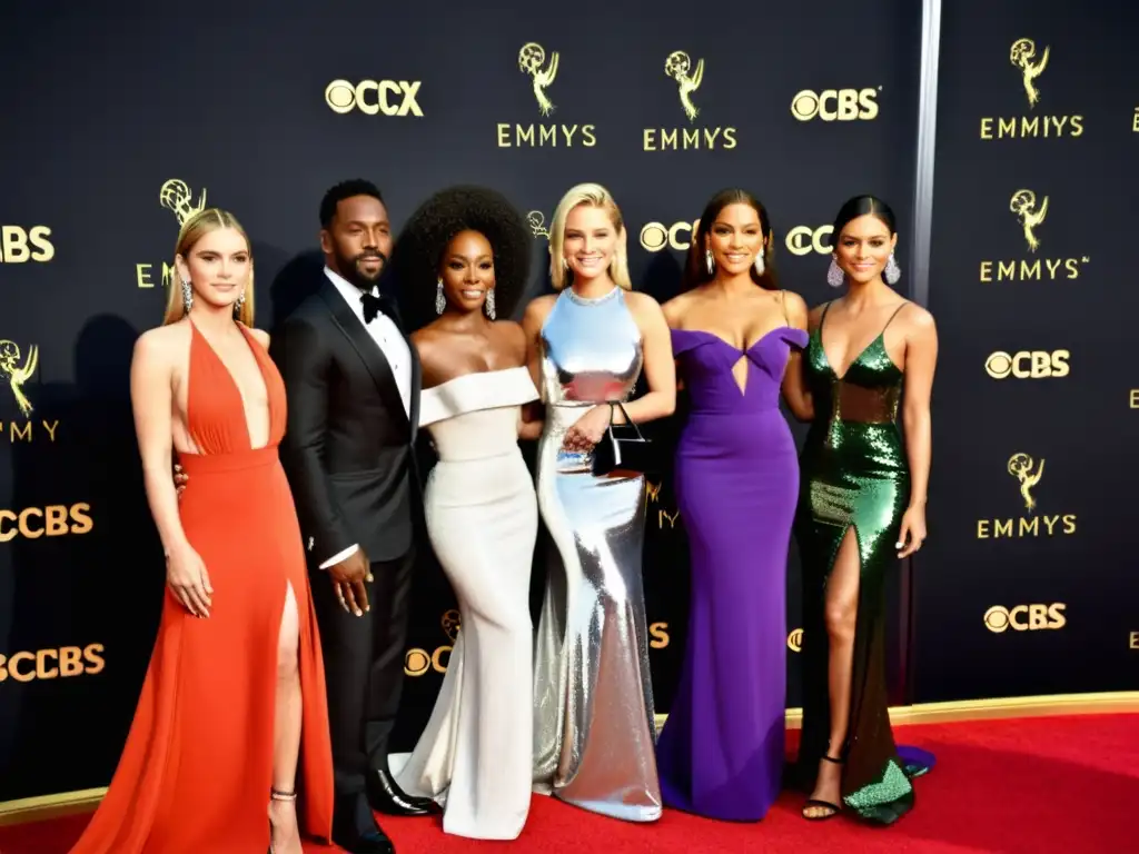 Grupo de celebridades deslumbrantes en la alfombra roja de los Premios Emmy, reflejando las Tendencias de moda en televisión con elegancia y glamour