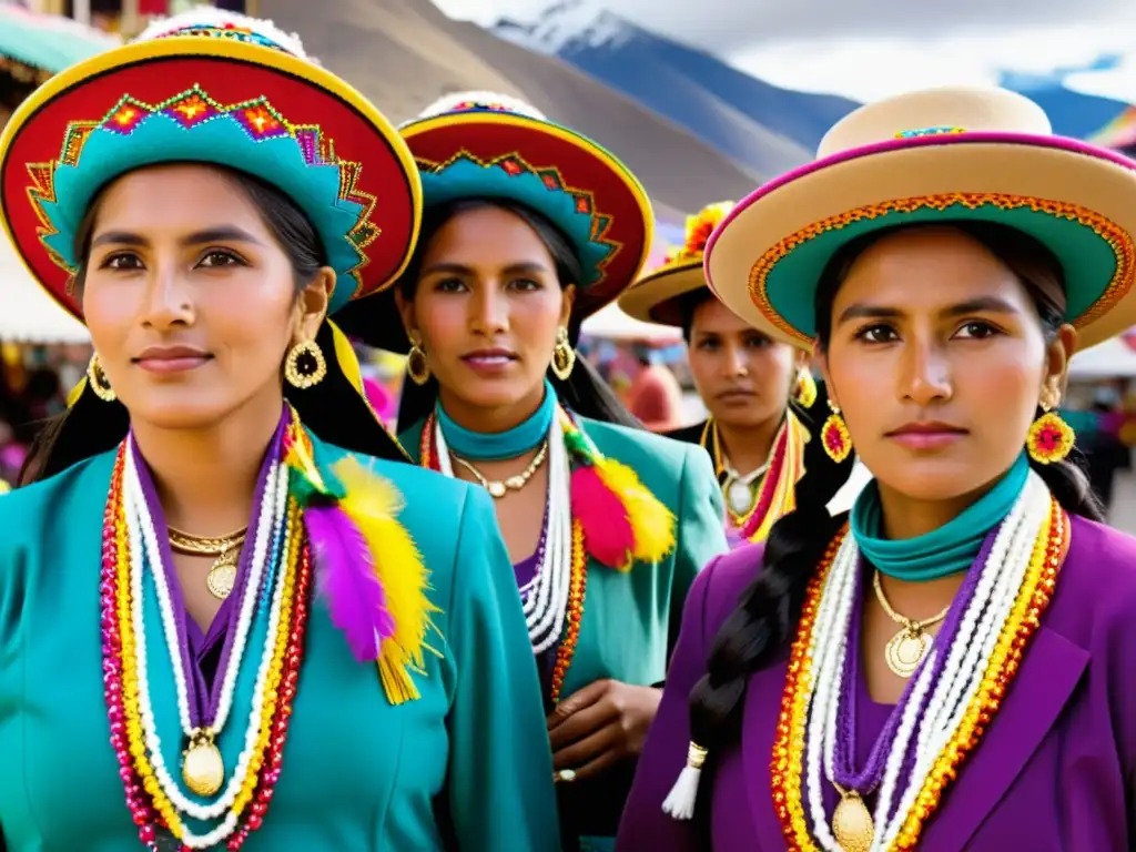 Grupo de Cholitas elegantes con moda de las mujeres aymaras en mercado bullicioso de La Paz, Bolivia, con montañas andinas de fondo