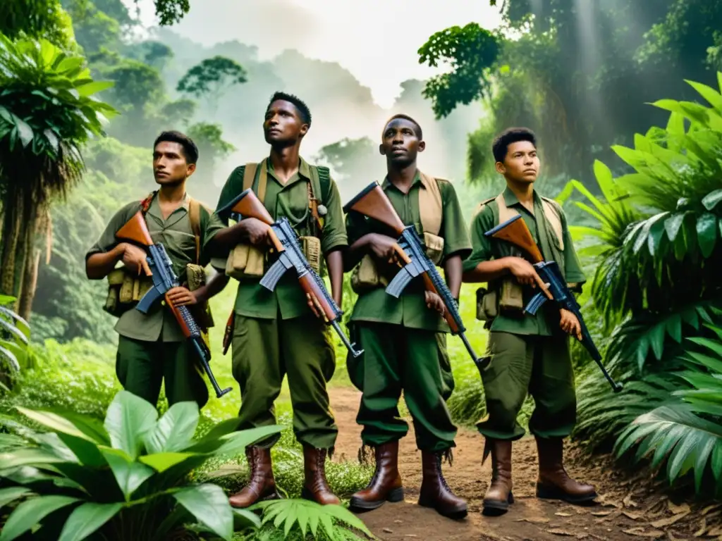 Guerrilleros en la selva: Determinación y resistencia Grupo de combatientes insurgentes en la selva, con uniformes que se funden con la vegetación, mostrando la importancia de los movimientos insurgentes