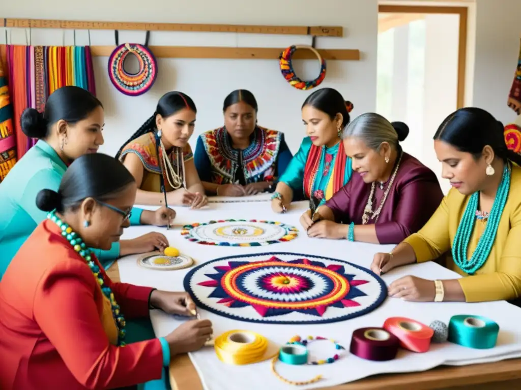 Grupo de diseñadores y artesanos indígenas reuniéndose alrededor de una mesa de trabajo, creando moda auténtica y vibrante