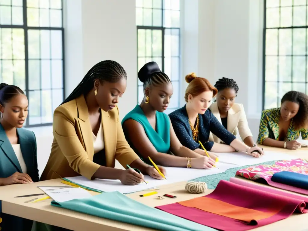 Un grupo de diseñadores y costureras colaborando en el proceso de moda, discutiendo y creando juntos una colección única y vibrante