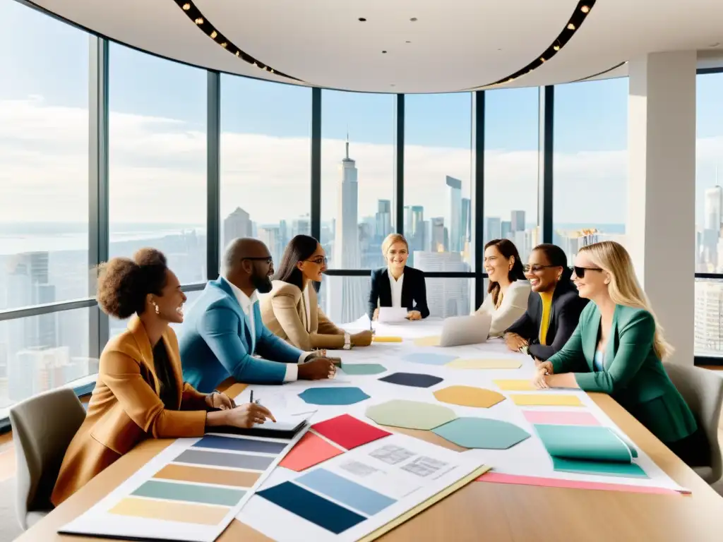 Grupo de diseñadores e influencers colaborando en tendencias de moda virales en una vibrante sala con luz natural y vistas a la ciudad