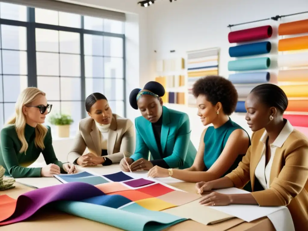 Un grupo de diseñadores de moda y expertos textiles se reúnen en un moderno estudio lleno de luz, rodeados de telas sostenibles