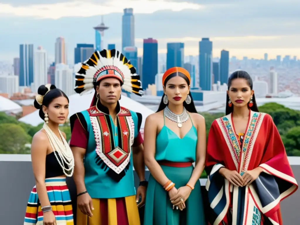 Grupo de diseñadores de moda indígena en atuendos tradicionales, frente a una ciudad moderna, mostrando equilibrio entre tradición y modernidad