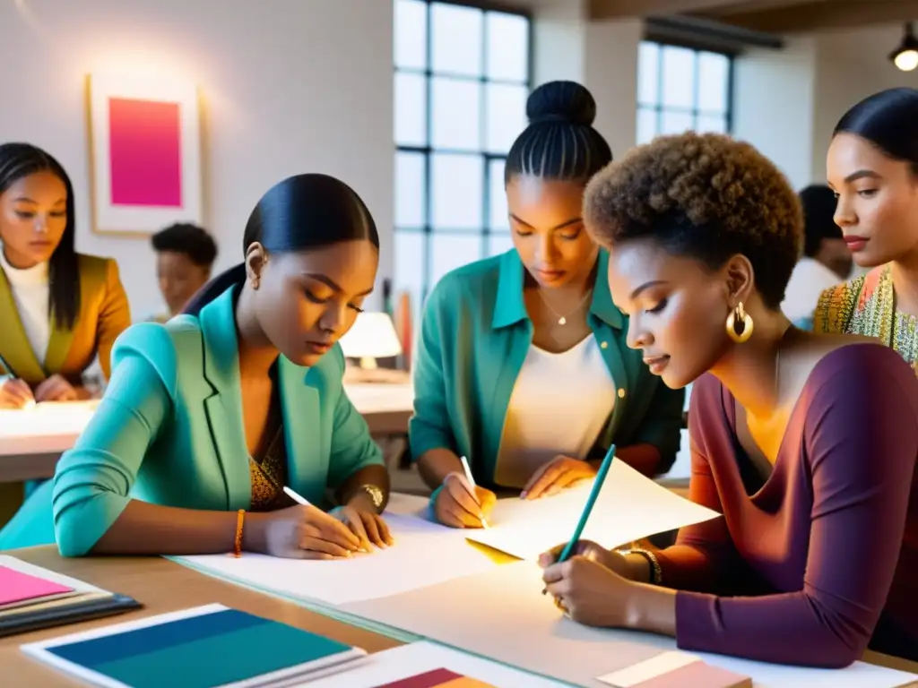 Un grupo de diseñadores de moda diversos colaborando en una mesa de trabajo, discutiendo y esbozando ideas con intensa concentración