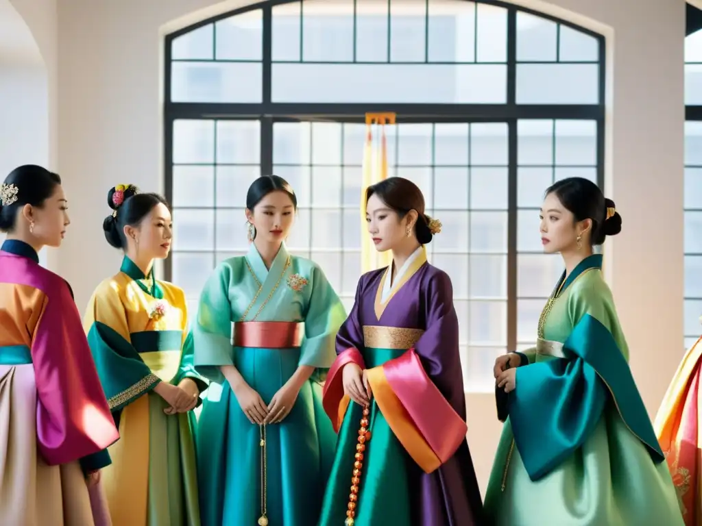 Un grupo de diseñadores de moda surcoreanos crea adaptaciones modernas del Hanbok en un estudio minimalista, rodeados de lujosas telas de seda y luz natural