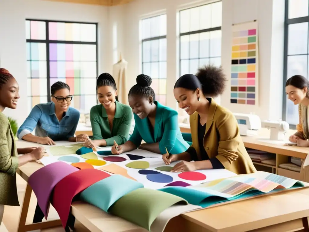 Un grupo de diseñadores de moda diversos colaboran en un taller, rodeados de telas, bocetos y equipo de costura