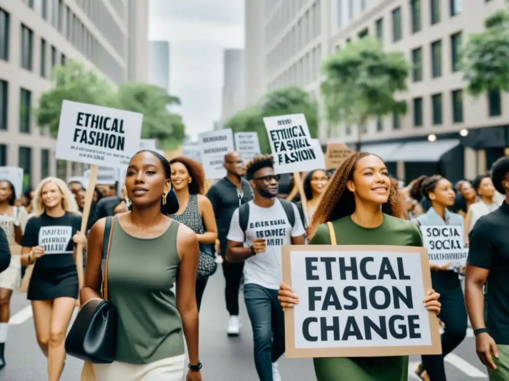 Grupo diverso de activistas marchando en la calle por movimientos sociales moda ética, con pancartas sobre cambio social y moda sostenible