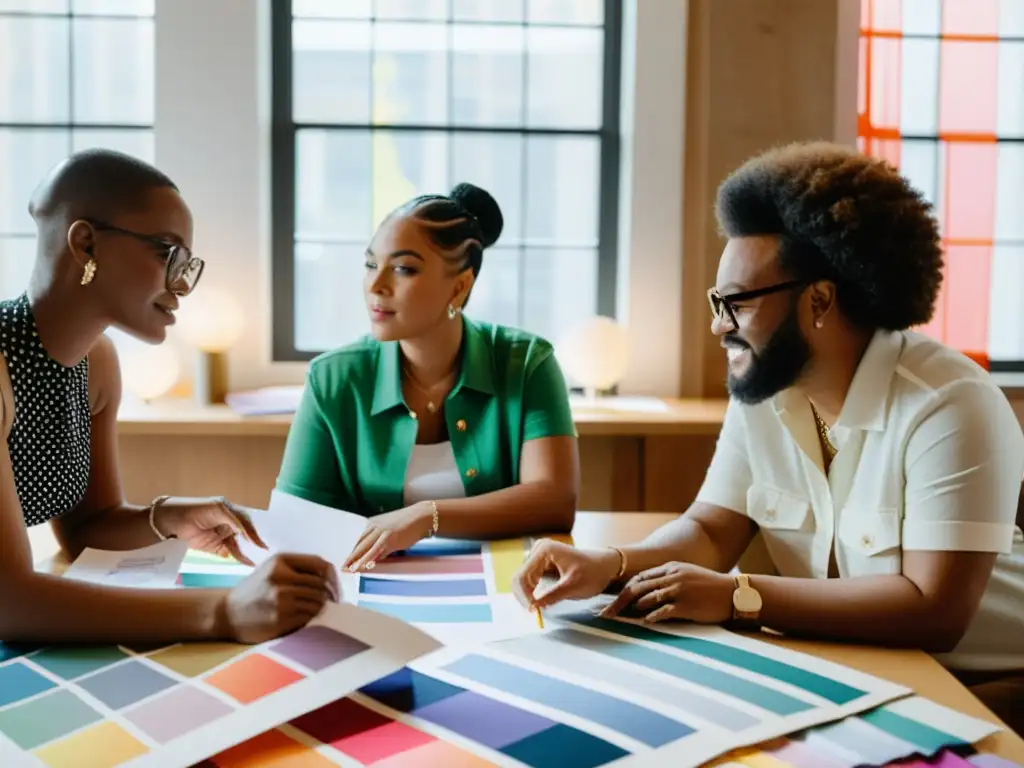 Grupo diverso de activistas y diseñadores de moda LGBTQ+ colaborando en una colección que celebra la comunidad, con impacto cultural