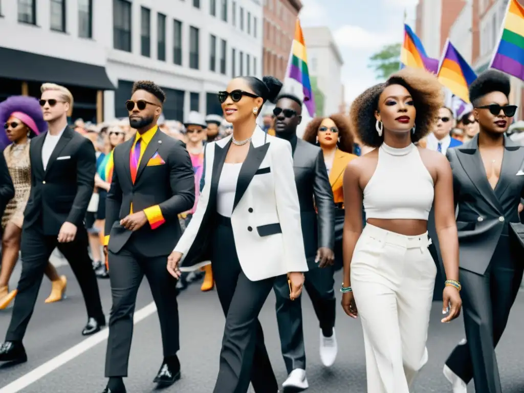 Grupo diverso de activistas LGBTQ+ y diseñadores de moda marchando en el desfile del orgullo, representación LGBTQ+ en la moda