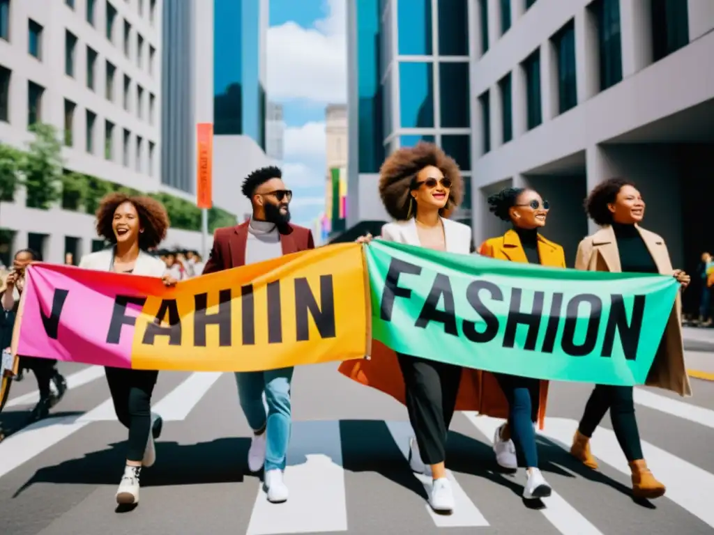 Grupo diverso de activistas marchando con pancartas coloridas en la ciudad, reflejando moda ética y compromiso con movimientos sociales