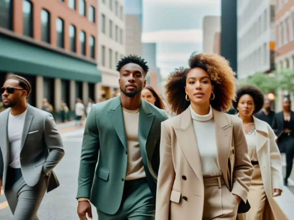 Un grupo diverso camina por la ciudad en moda de género neutro, reflejando impacto cultural y modernidad