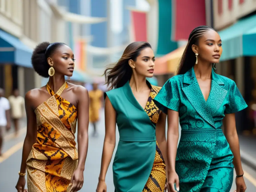 Grupo diverso en desfile urbano, vistiendo batik, fusionando tradición y moda, impacto del batik en moda