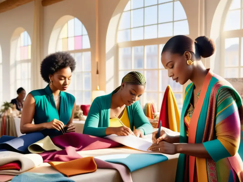 Un grupo diverso de diseñadores de moda inmersos en su trabajo, reflejando su herencia cultural