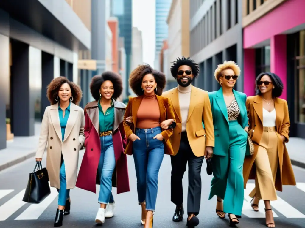 Empoderamiento a través de la moda: diversidad y confianza en la ciudad Grupo diverso con estilo caminando por la ciudad