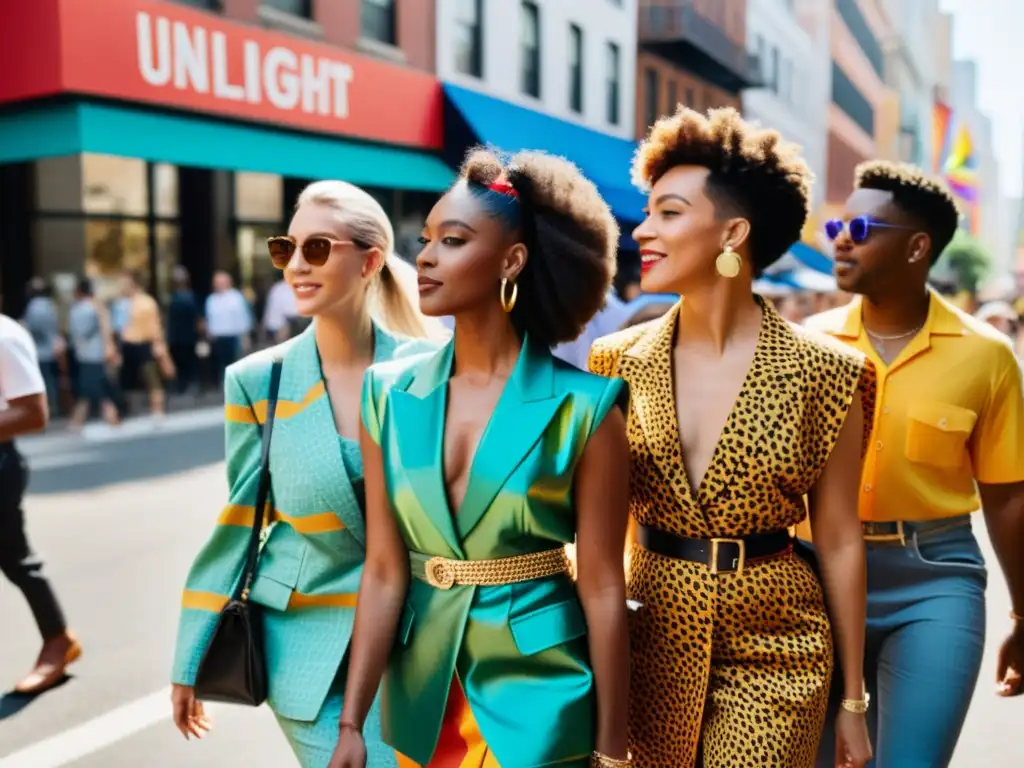 Grupo diverso LGBTQ+ camina con moda desafiante, irradiando orgullo e impacto cultura LGBTQ+ moda en la calle de la ciudad