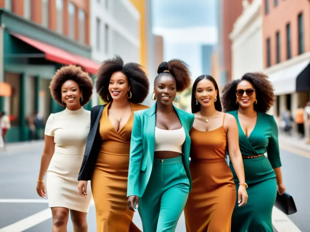 Grupo diverso de mujeres caminando con confianza por la ciudad, reflejando el impacto de la moda en la autoestima