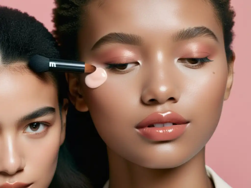 Un grupo diverso de mujeres jóvenes aplica maquillaje Glossier en un entorno urbano moderno, reflejando el impacto cultural del estilo Glossier