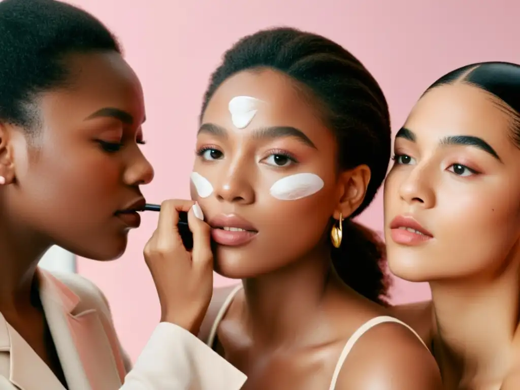 Un grupo diverso de mujeres aplicando productos de maquillaje Glossier frente a un espejo, destacando la influencia cultural del estilo Glossier en la belleza y la moda