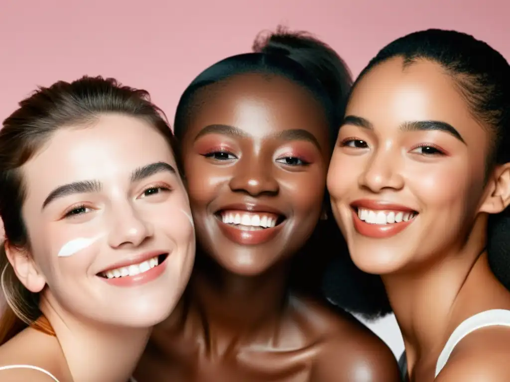 Un grupo diverso de mujeres sonriendo y aplicando productos de maquillaje Glossier, reflejando el impacto cultural del estilo Glossier en la belleza