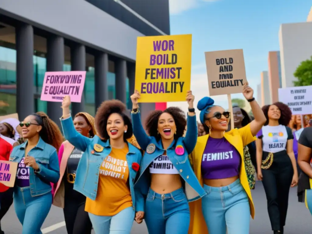 Grupo diverso de mujeres marchando en protesta por la igualdad de género, vistiendo moda feminista impactante con mensajes empoderadores