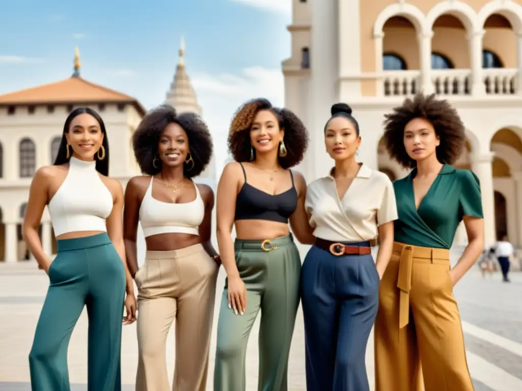 Grupo diverso de mujeres seguras y unidas, luciendo pantalones empoderadores en la ciudad, representando la lucha igualdad género moda pantalones