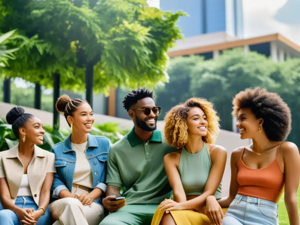 Un grupo diverso de millennials se reúne en un parque urbano iluminado por el sol, debatiendo sobre sostenibilidad y moda ética