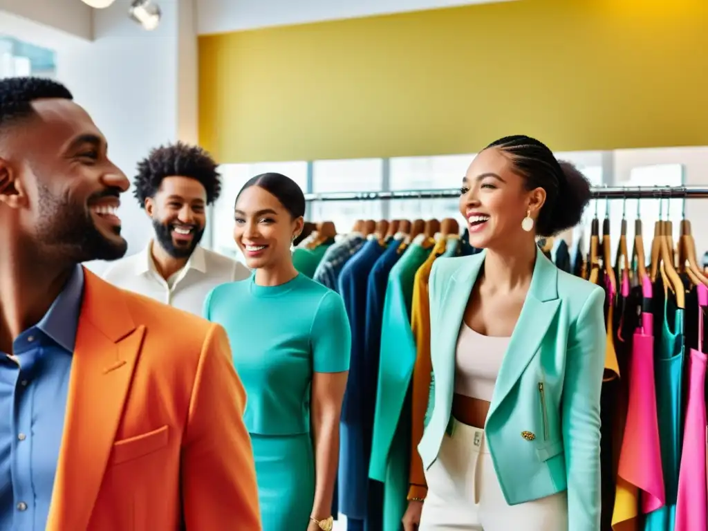 Un grupo diverso de personas prueba diferentes atuendos en una tienda luminosa y espaciosa