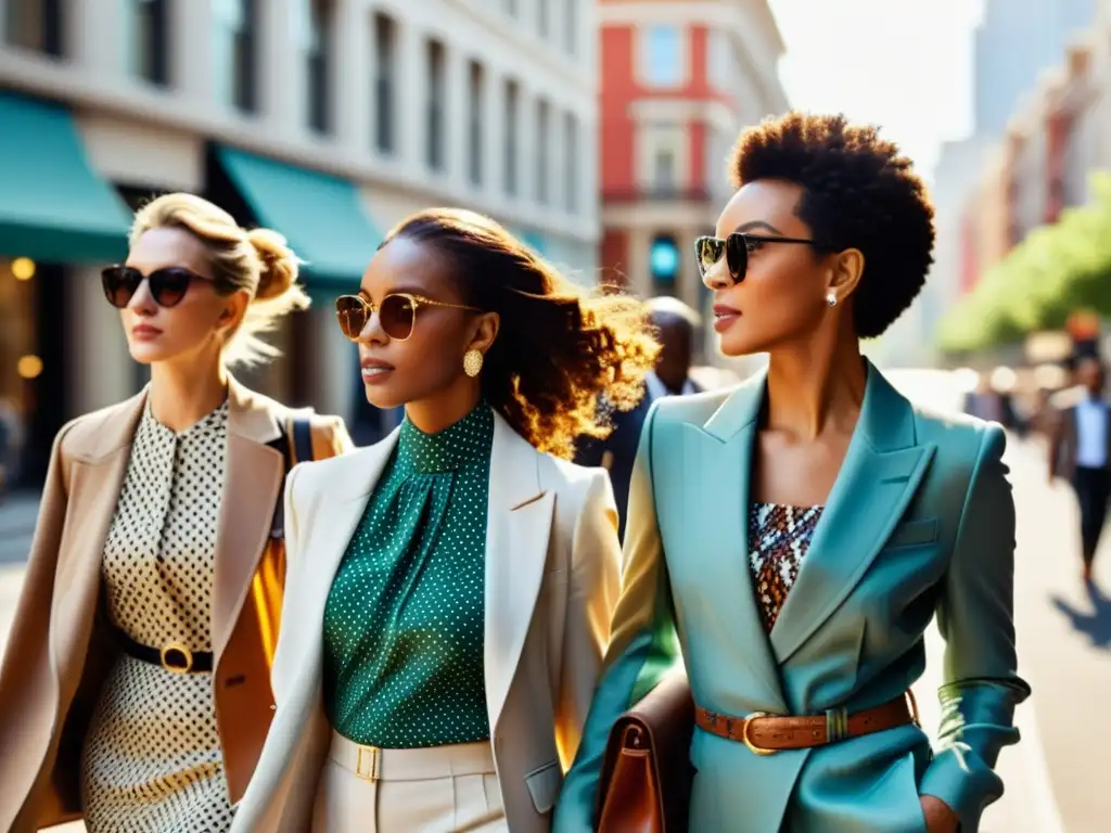 Un grupo diverso de personas camina confiadamente por una calle de la ciudad, mostrando su estilo único y elegante