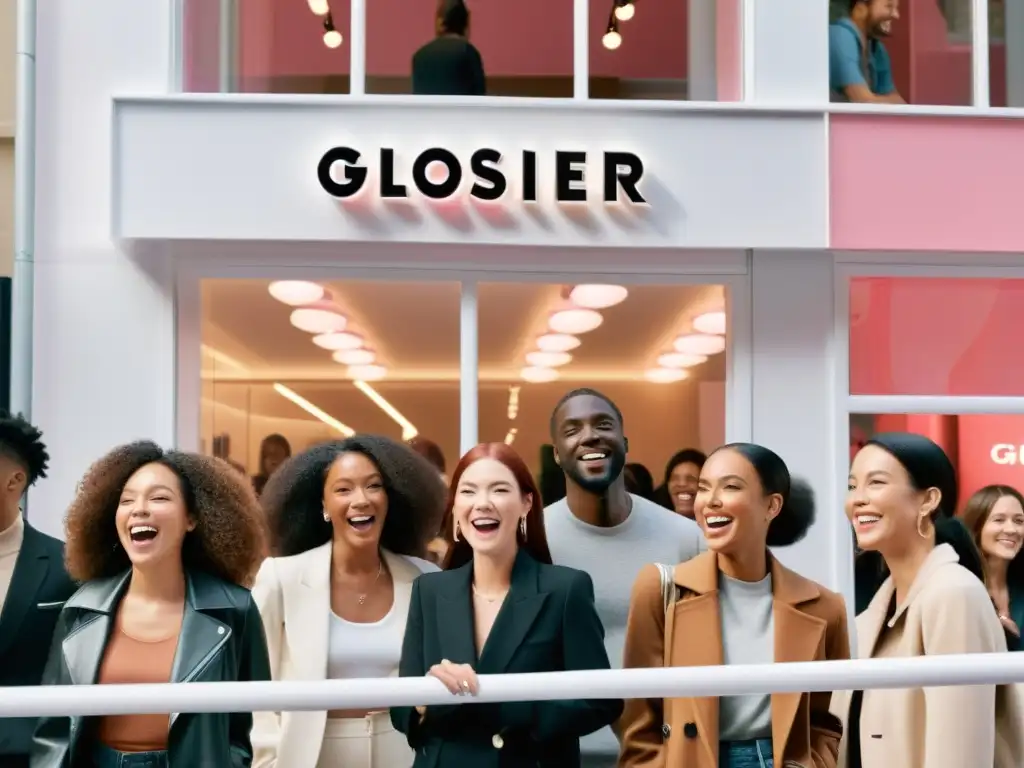 Un grupo diverso de personas espera ansiosamente el lanzamiento exclusivo de un nuevo producto de belleza en la tienda Glossier