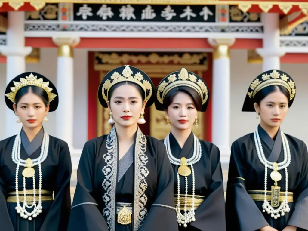 Grupo de dolientes vestidos con trajes negros tradicionales de luto en Asia, con motivos simbólicos