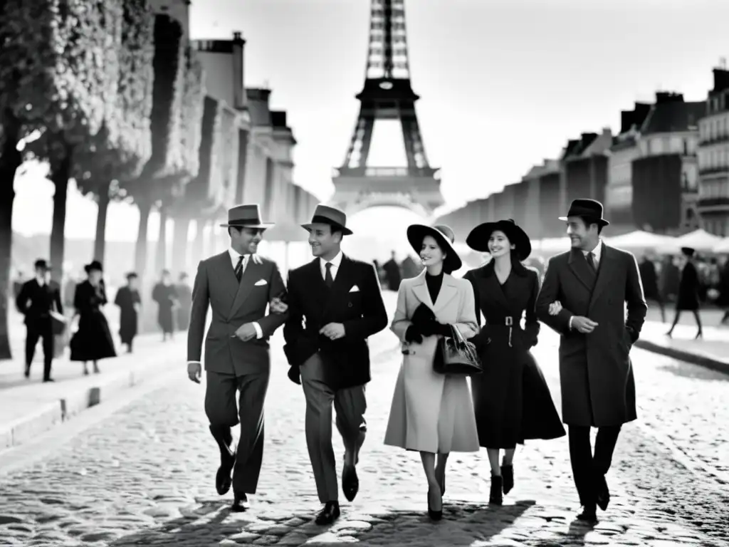 Un grupo elegante pasea por las calles empedradas de París en los años 30, con la Torre Eiffel al fondo