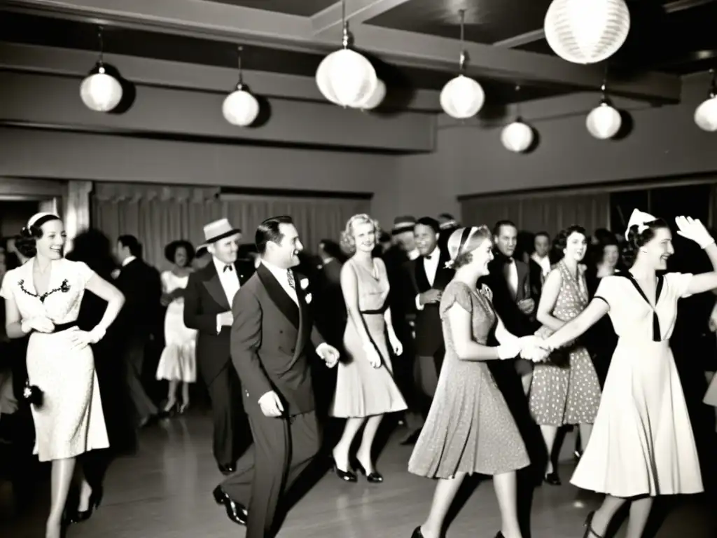 Grupo elegante bailando en club de swing de los años 30, capturando la atmósfera de la época