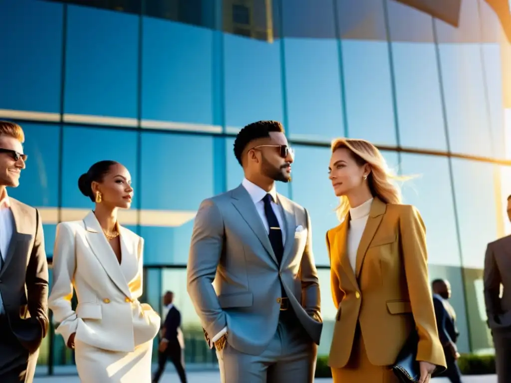 Un grupo elegante en un entorno moderno y sofisticado, mostrando la relación entre moda y ascenso social