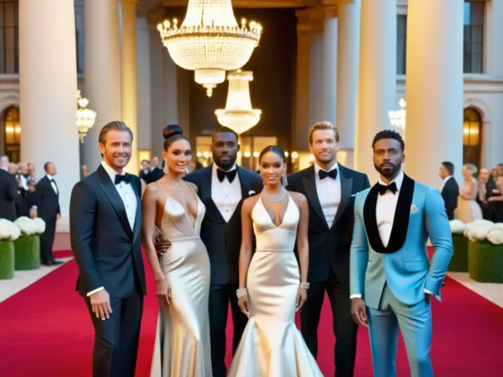 Grupo elegante en gala AmfAR, luchando contra el SIDA con moda y esperanza en un atardecer glamuroso