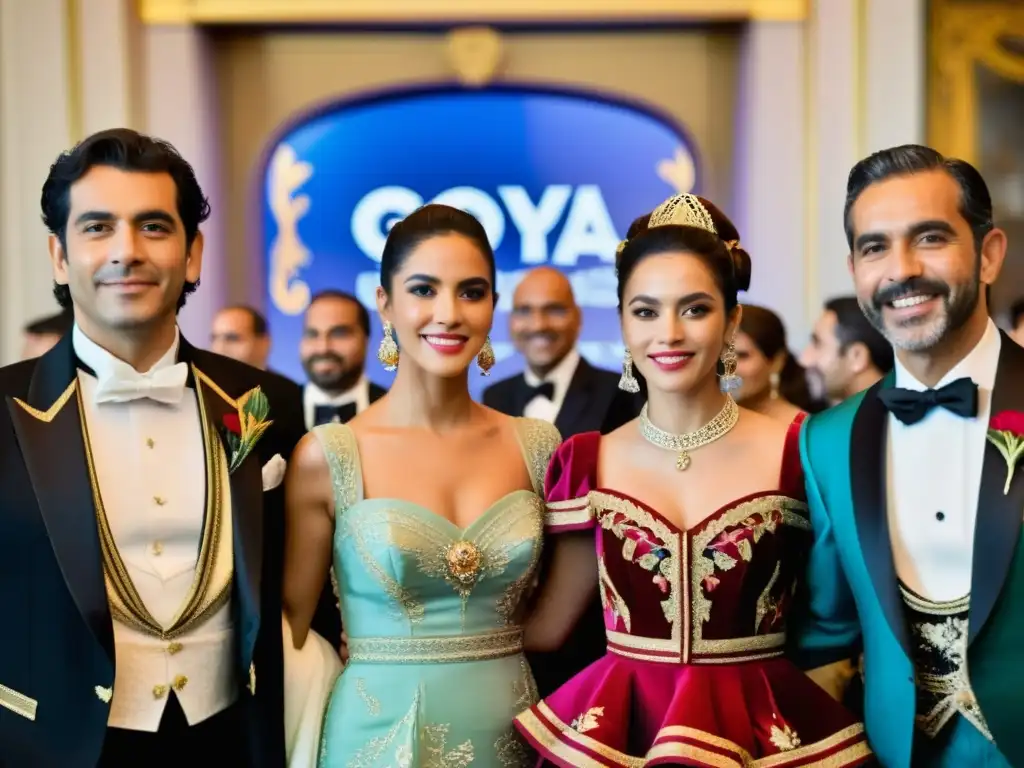 Grupo elegante en los Premios Goya, con trajes tradicionales y ambiente de sofisticación