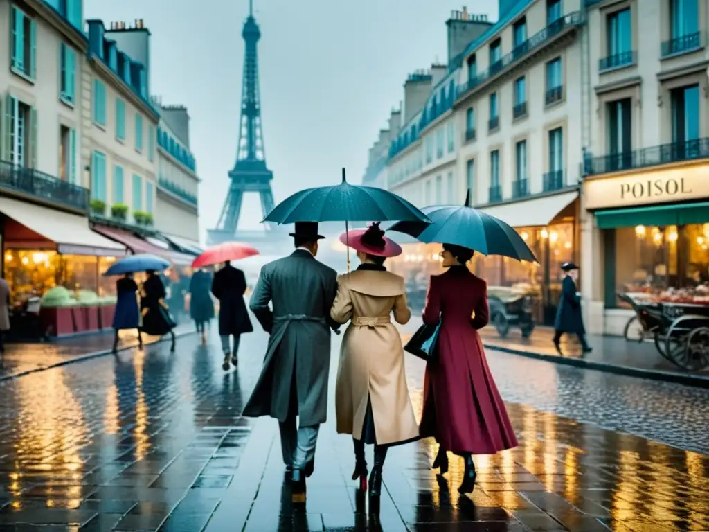 Un grupo elegante del siglo XVIII pasea bajo la lluvia en París, cada uno con un paraguas ornamental