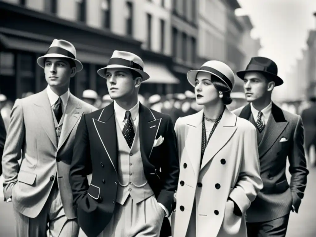 Grupo elegante usando trajes unisex de los años 20 en la ciudad