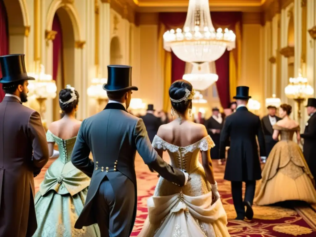 Un grupo elegante en trajes victorianos pasea por un opulento salón