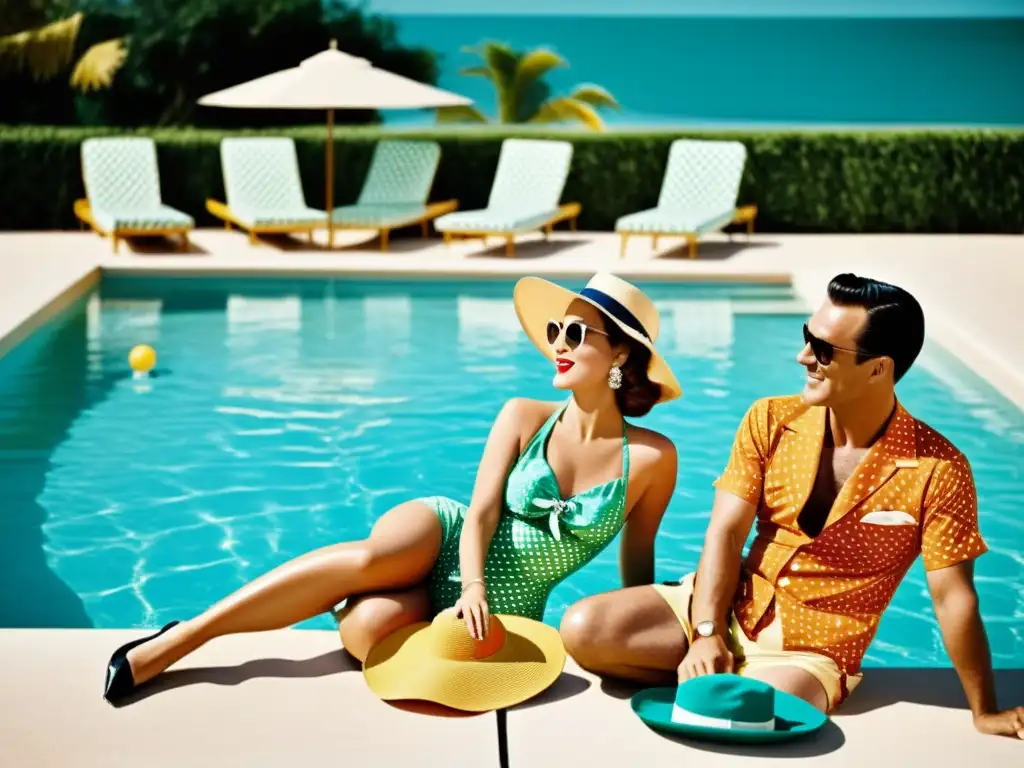 Grupo elegante disfruta del verano vintage en la piscina de un resort