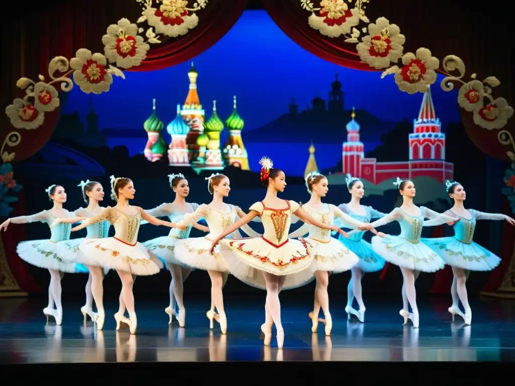 Grupo de elegantes bailarinas en trajes tradicionales de ballet ruso, realizando movimientos precisos en un escenario opulento