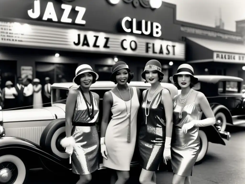 Un grupo de elegantes mujeres flapper posan frente a un club de jazz, exudando confianza e independencia en la moda femenina de los años 20