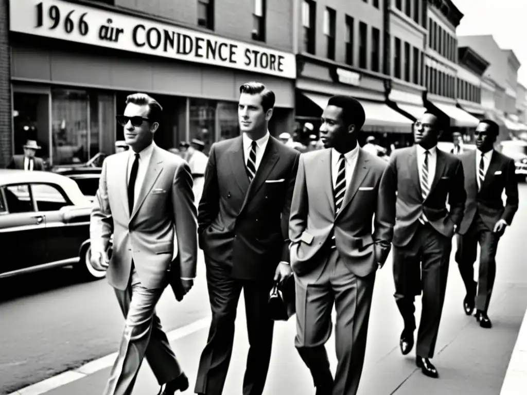 Un grupo de elegantes hombres pasea por una calle de la ciudad en los años 60, mostrando el impacto de la moda masculina de la época