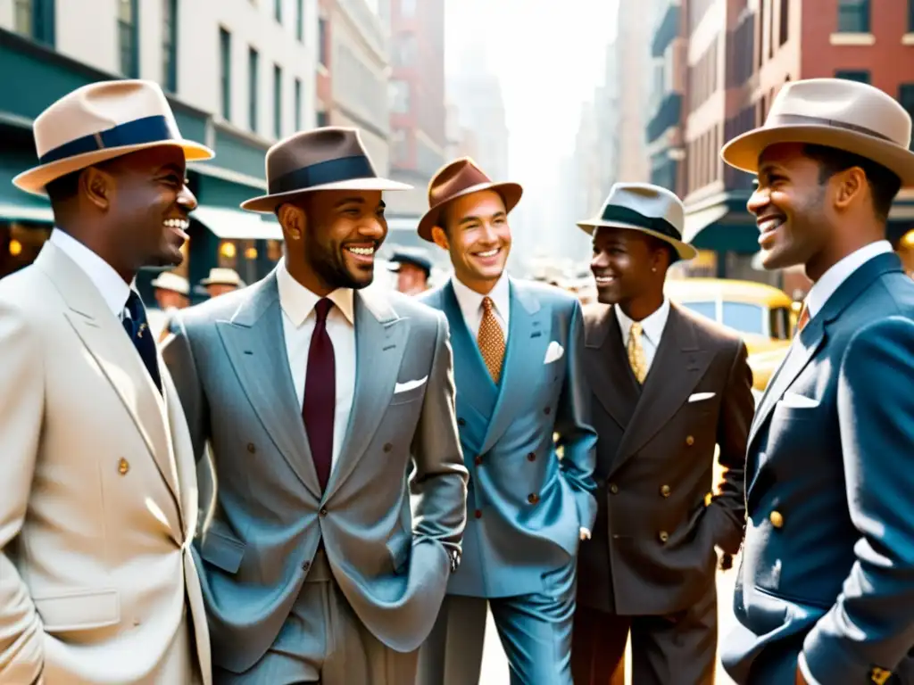 Un grupo de elegantes hombres de trajes a medida y sombreros fedora, capturados en una bulliciosa calle de la ciudad