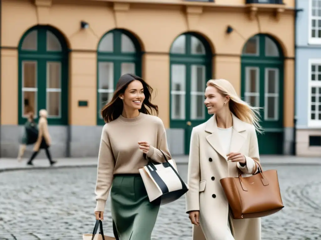 Grupo con estilo pasea por la ciudad escandinava, llevando bolsos sostenibles