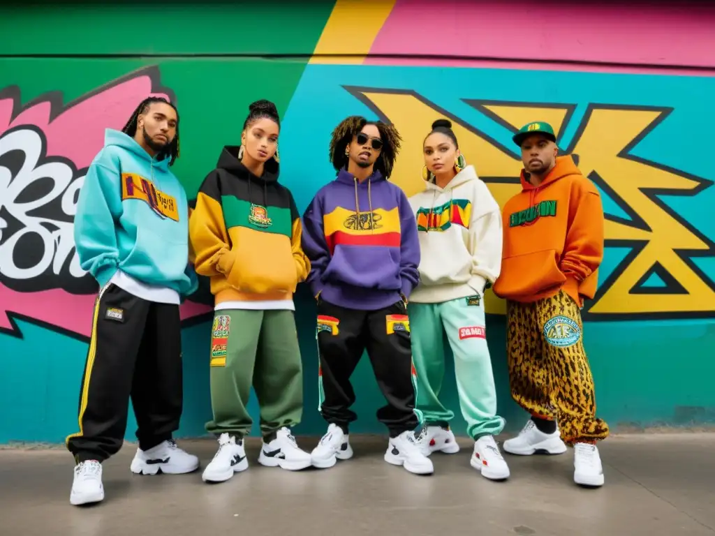 Un grupo con estilo urbano impacto del reguetón en la moda, rodeado de murales coloridos y grafitis en las paredes