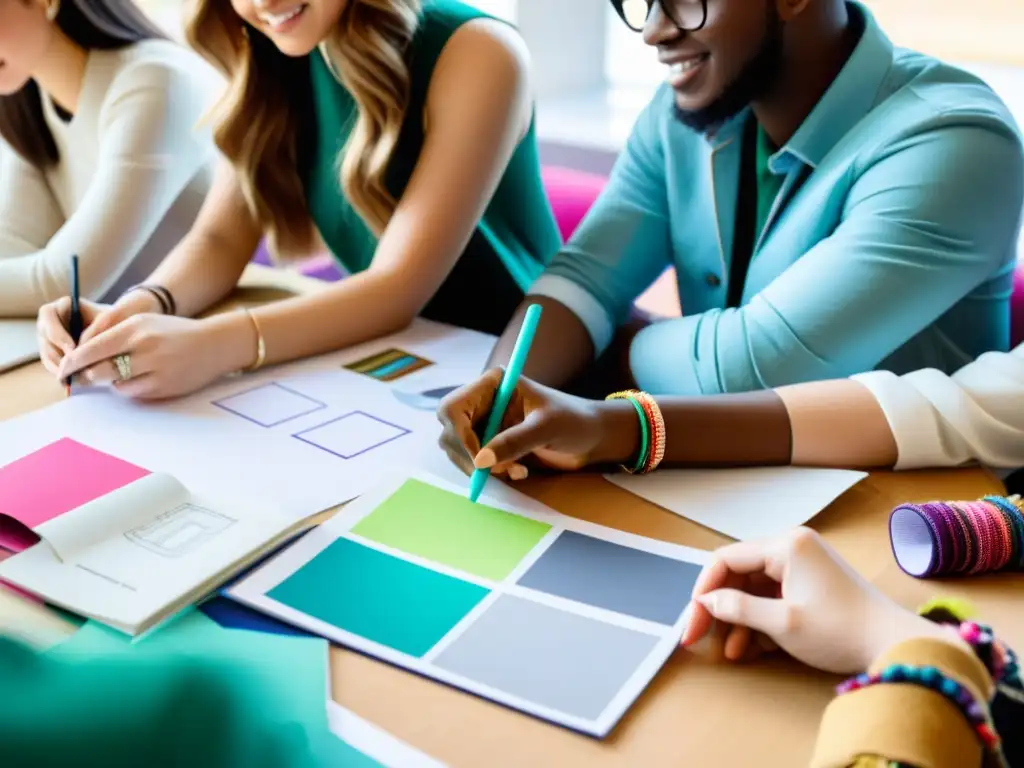 Grupo de estudiantes de moda discuten ideas para integrar la gamificación en sus diseños, rodeados de creatividad y entusiasmo