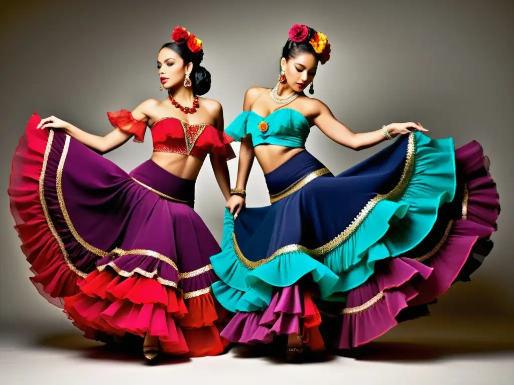 Grupo de faldas flamencas vibrantes en tonos joya, con bordados e incrustaciones, bailando al ritmo de la influencia gitana en la moda